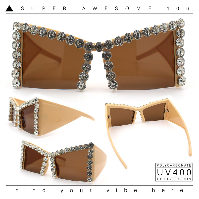 Womens Large Rhinestone Bold Angular Squared Rectangle Plastic Sunglasses