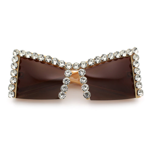 Womens Large Rhinestone Bold Angular Squared Rectangle Plastic Sunglasses