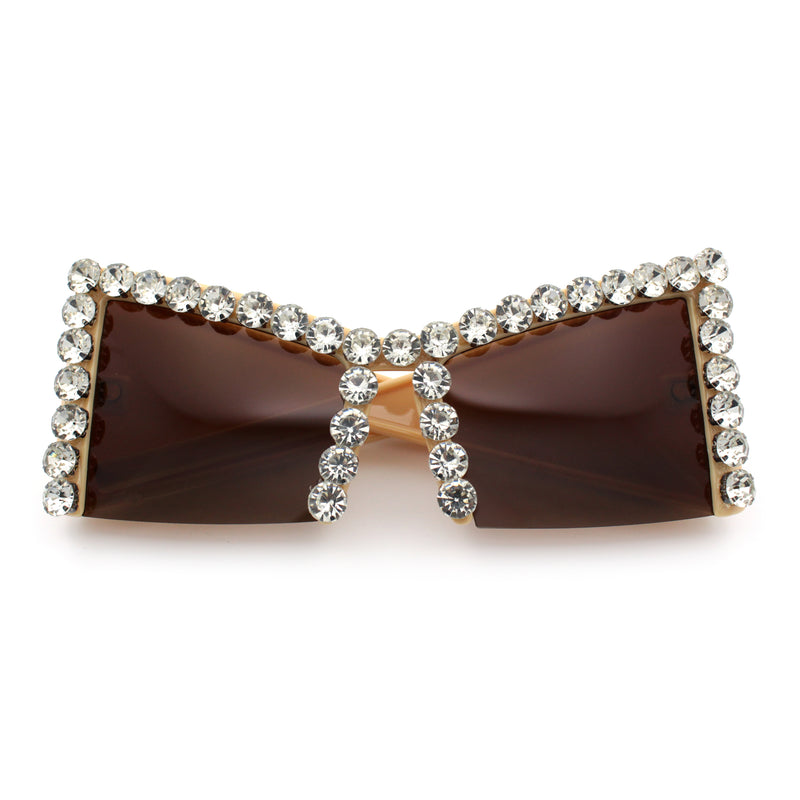 Womens Large Rhinestone Bold Angular Squared Rectangle Plastic Sunglasses