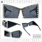 Womens Large Rhinestone Bold Angular Squared Rectangle Plastic Sunglasses
