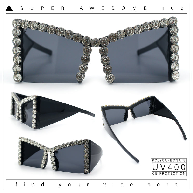 Womens Large Rhinestone Bold Angular Squared Rectangle Plastic Sunglasses