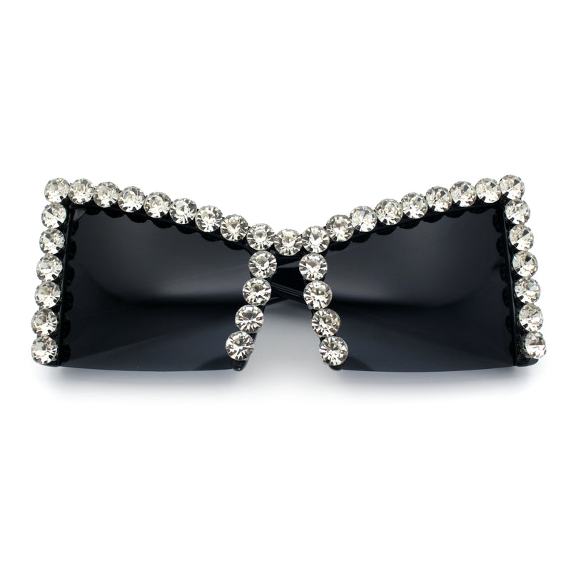 Womens Large Rhinestone Bold Angular Squared Rectangle Plastic Sunglasses