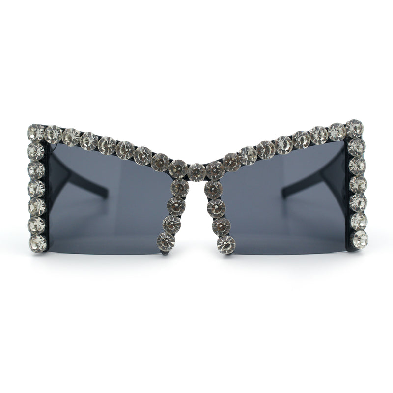 Womens Large Rhinestone Bold Angular Squared Rectangle Plastic Sunglasses