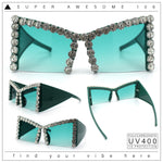 Womens Large Rhinestone Bold Angular Squared Rectangle Plastic Sunglasses