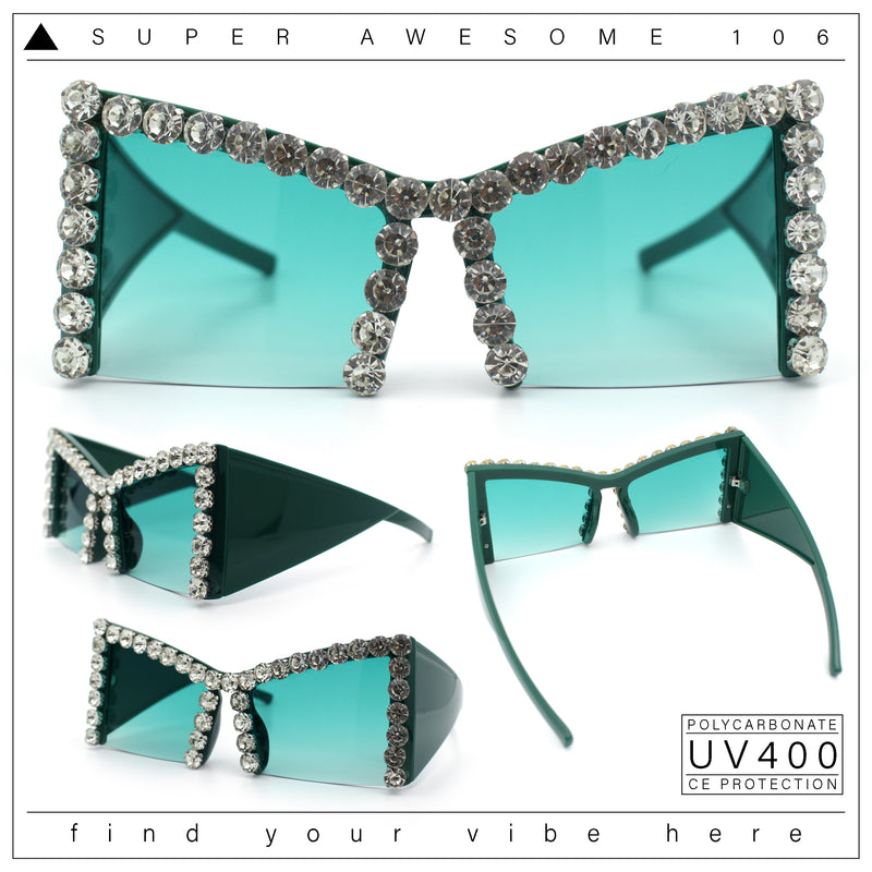 Womens Large Rhinestone Bold Angular Squared Rectangle Plastic Sunglasses