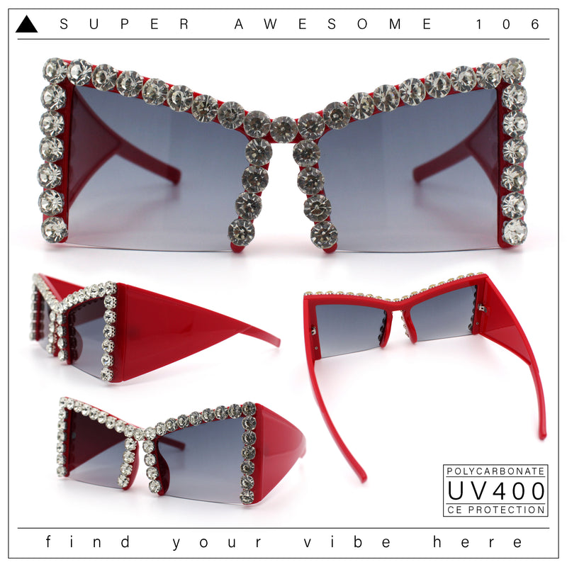 Womens Large Rhinestone Bold Angular Squared Rectangle Plastic Sunglasses
