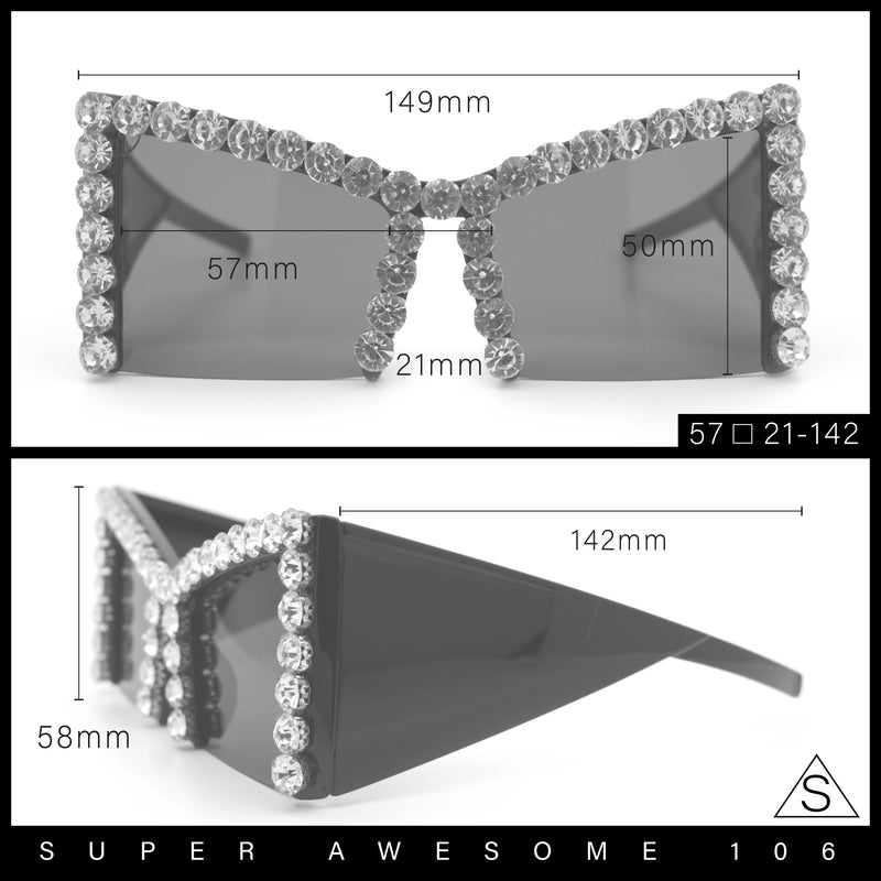 Womens Large Rhinestone Bold Angular Squared Rectangle Plastic Sunglasses