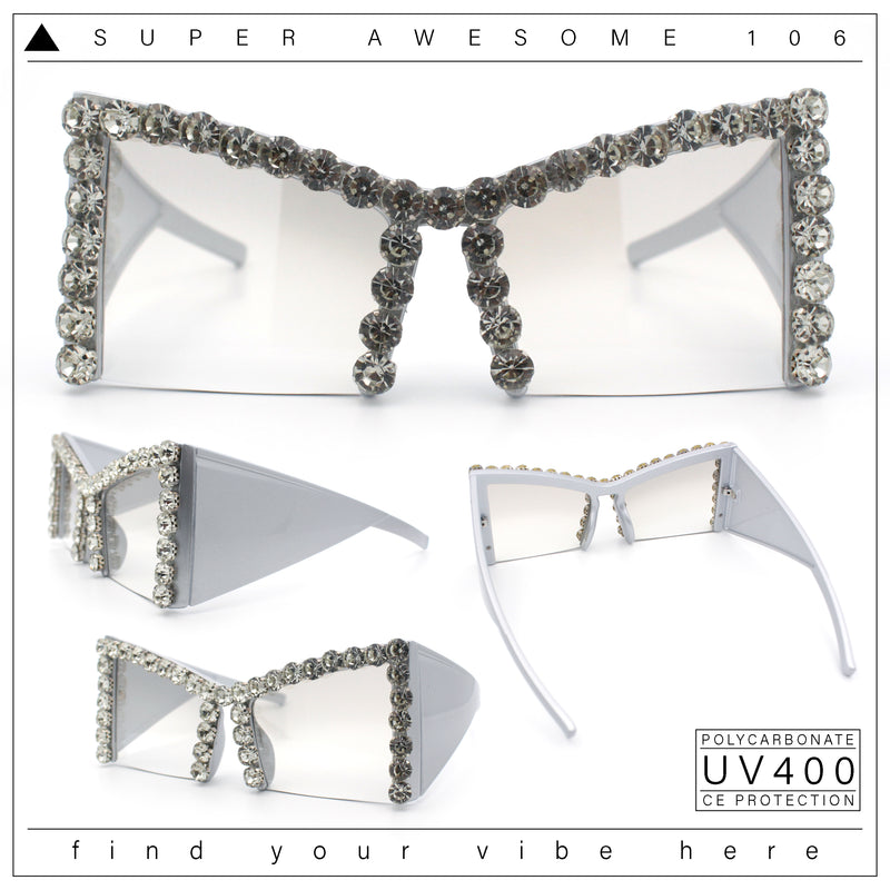 Womens Large Rhinestone Bold Angular Squared Rectangle Plastic Sunglasses