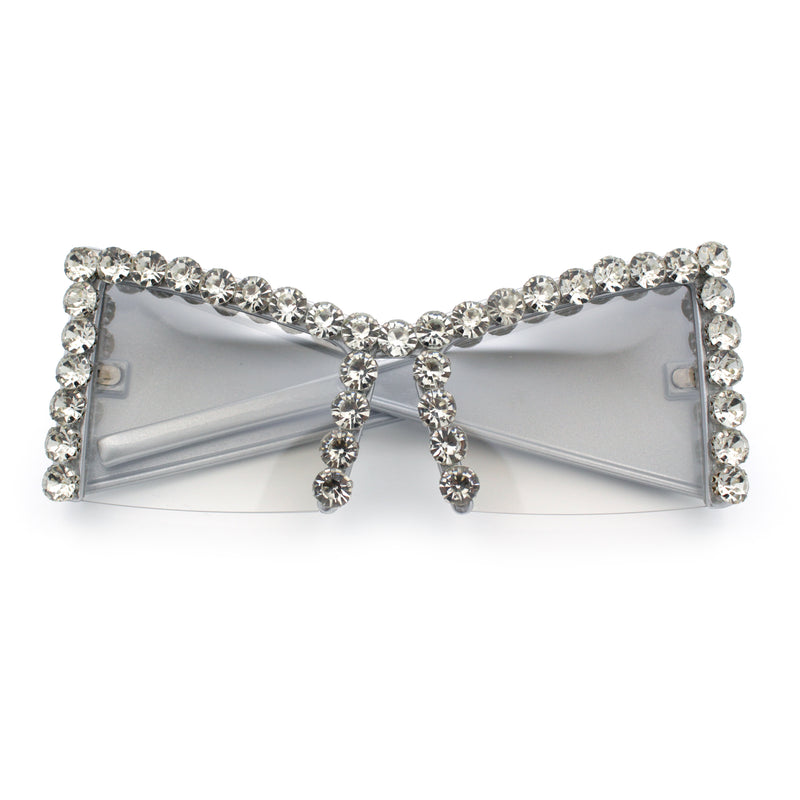 Womens Large Rhinestone Bold Angular Squared Rectangle Plastic Sunglasses