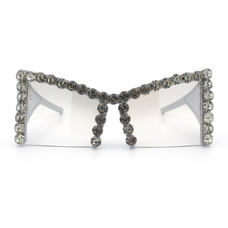 Womens Large Rhinestone Bold Angular Squared Rectangle Plastic Sunglasses