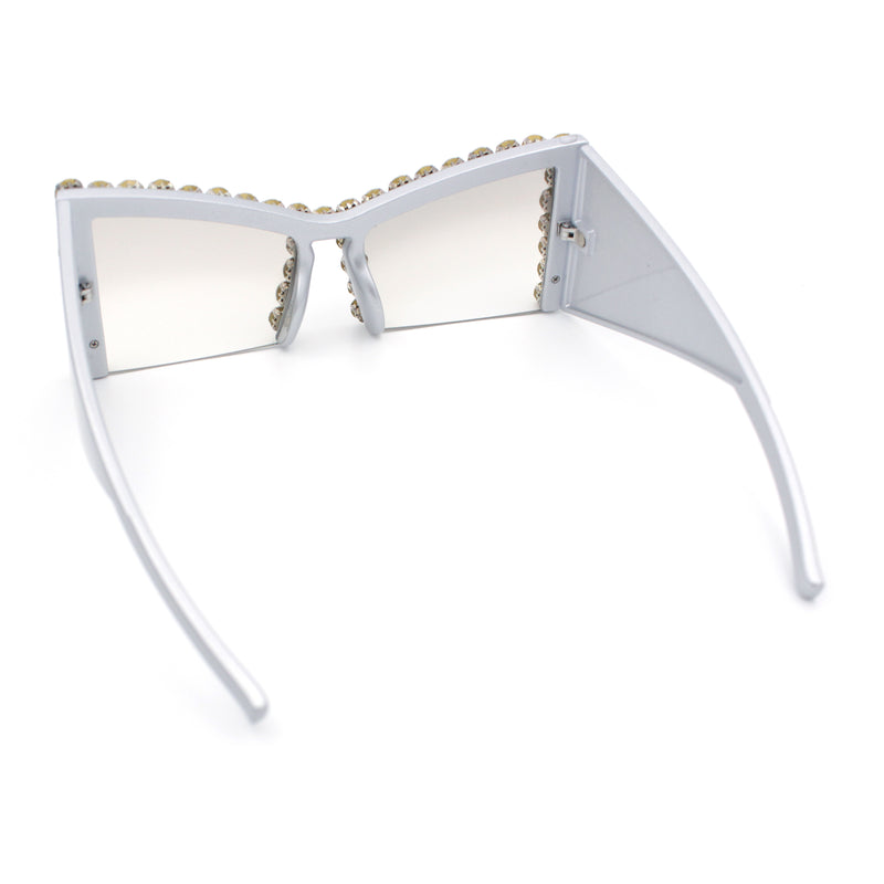 Womens Large Rhinestone Bold Angular Squared Rectangle Plastic Sunglasses