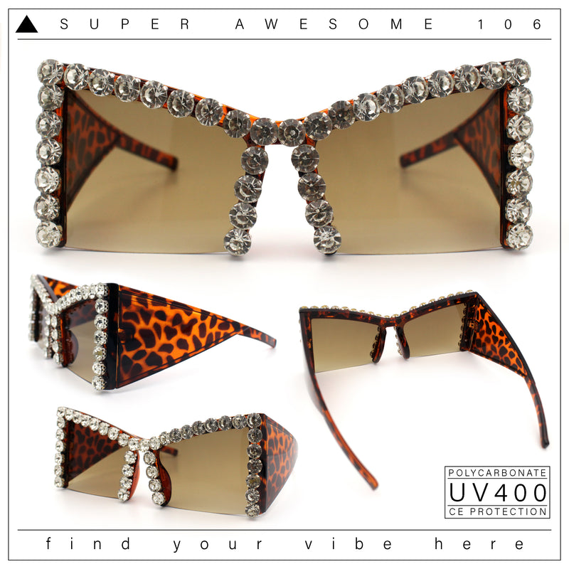 Womens Large Rhinestone Bold Angular Squared Rectangle Plastic Sunglasses