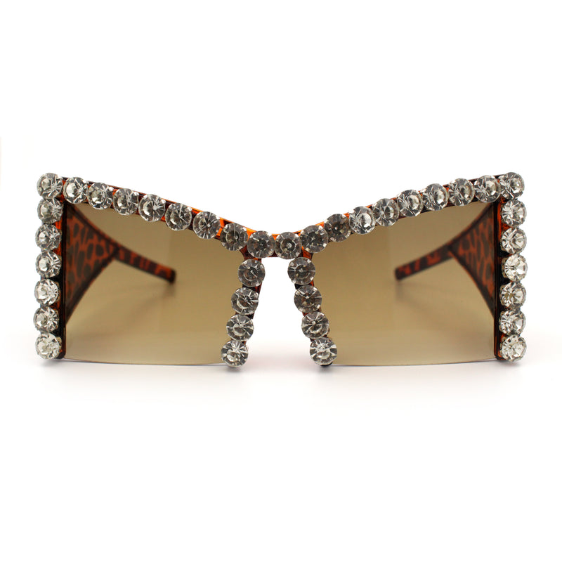 Womens Large Rhinestone Bold Angular Squared Rectangle Plastic Sunglasses