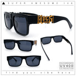 Locs Mens Bold Gothic Logo Thick Arm Horn Rim Gangster All Black Sunglasses