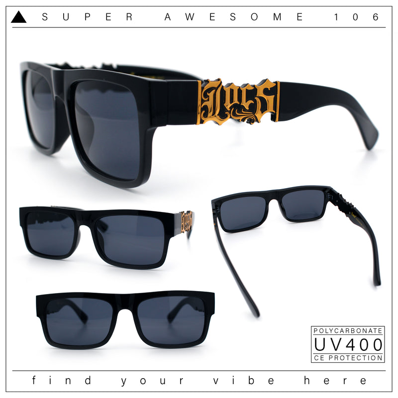 Locs Mens Bold Gothic Logo Thick Arm Horn Rim Gangster All Black Sunglasses