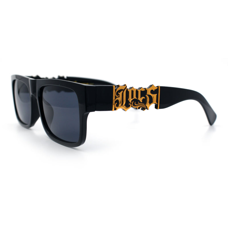 Locs Mens Bold Gothic Logo Thick Arm Horn Rim Gangster All Black Sunglasses