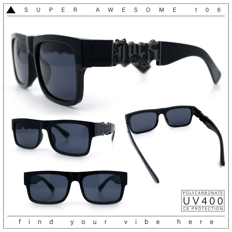 Locs Mens Bold Gothic Logo Thick Arm Horn Rim Gangster All Black Sunglasses