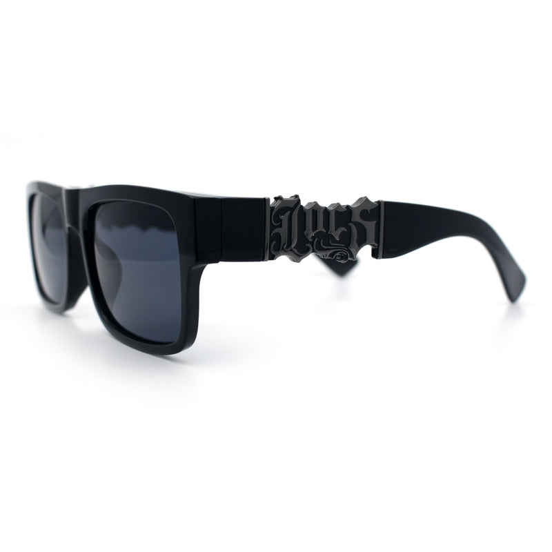 Locs Mens Bold Gothic Logo Thick Arm Horn Rim Gangster All Black Sunglasses