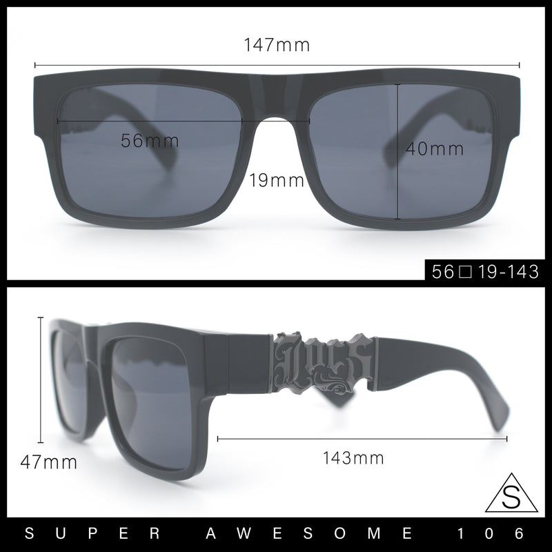 Locs Mens Bold Gothic Logo Thick Arm Horn Rim Gangster All Black Sunglasses