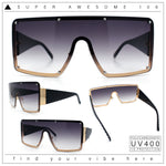Womens Diva Oversized Shield Metal Rim Rectangle Luxury Sunglasses