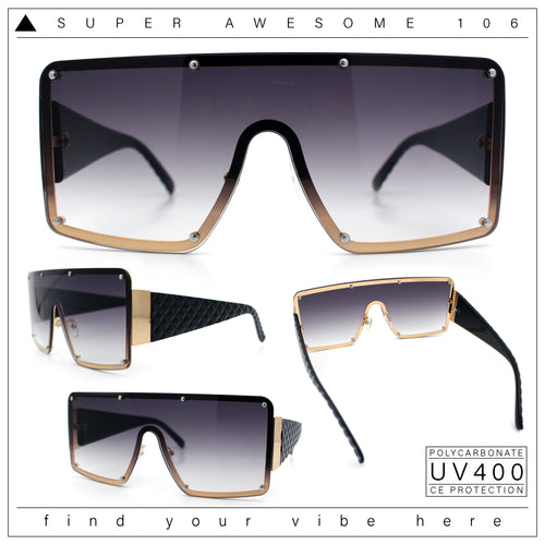 Womens Diva Oversized Shield Metal Rim Rectangle Luxury Sunglasses