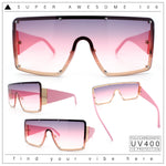 Womens Diva Oversized Shield Metal Rim Rectangle Luxury Sunglasses