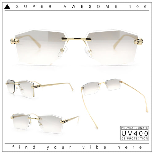 Luxe Bevel Geometric Square Rectangle Rimless Cougar Head Sunglasses