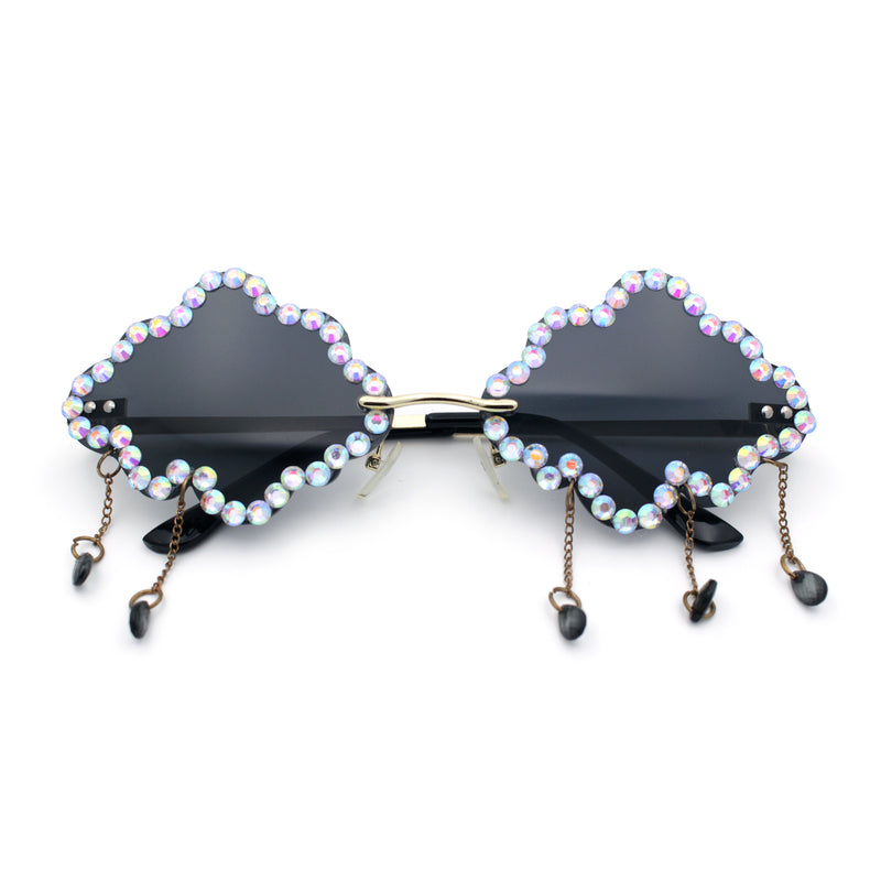 Womens Rimless Rhinestone Cloud Shape Raindrop Tassel Sunglasses