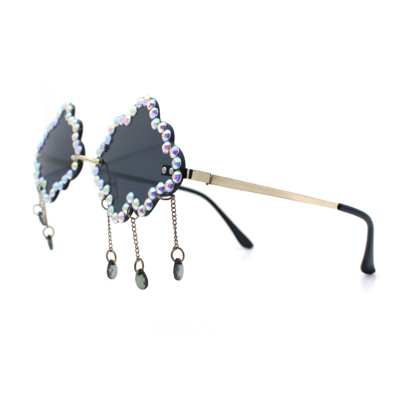 Womens Rimless Rhinestone Cloud Shape Raindrop Tassel Sunglasses