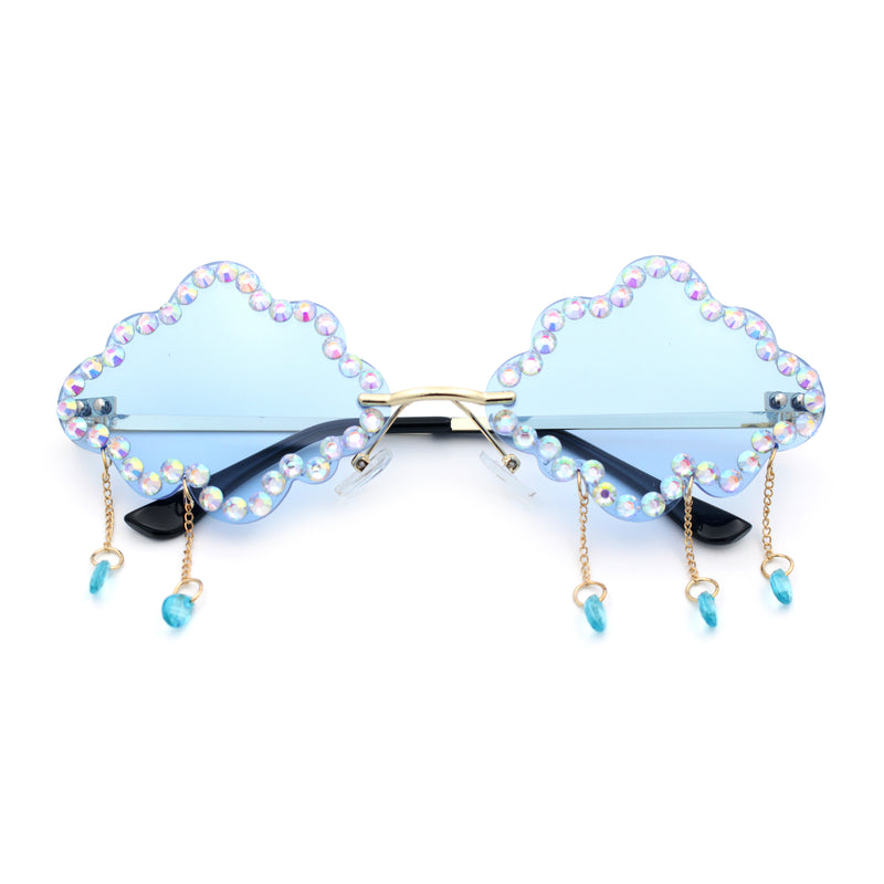 Womens Rimless Rhinestone Cloud Shape Raindrop Tassel Sunglasses