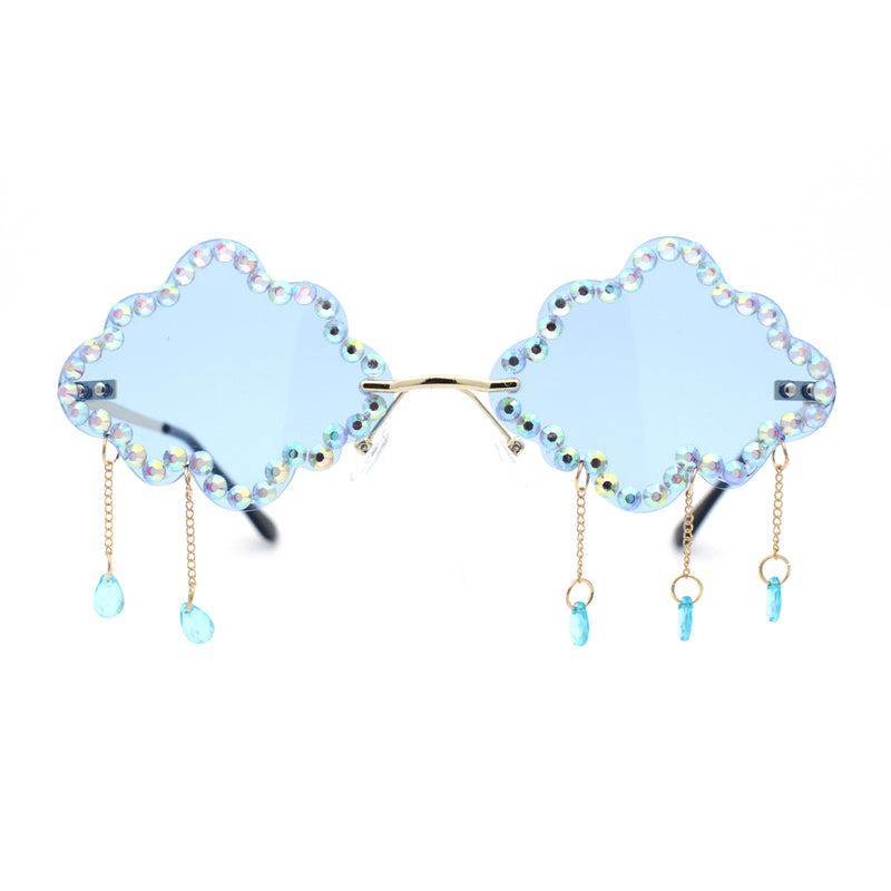 Womens Rimless Rhinestone Cloud Shape Raindrop Tassel Sunglasses