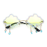 Womens Rimless Rhinestone Cloud Shape Raindrop Tassel Sunglasses