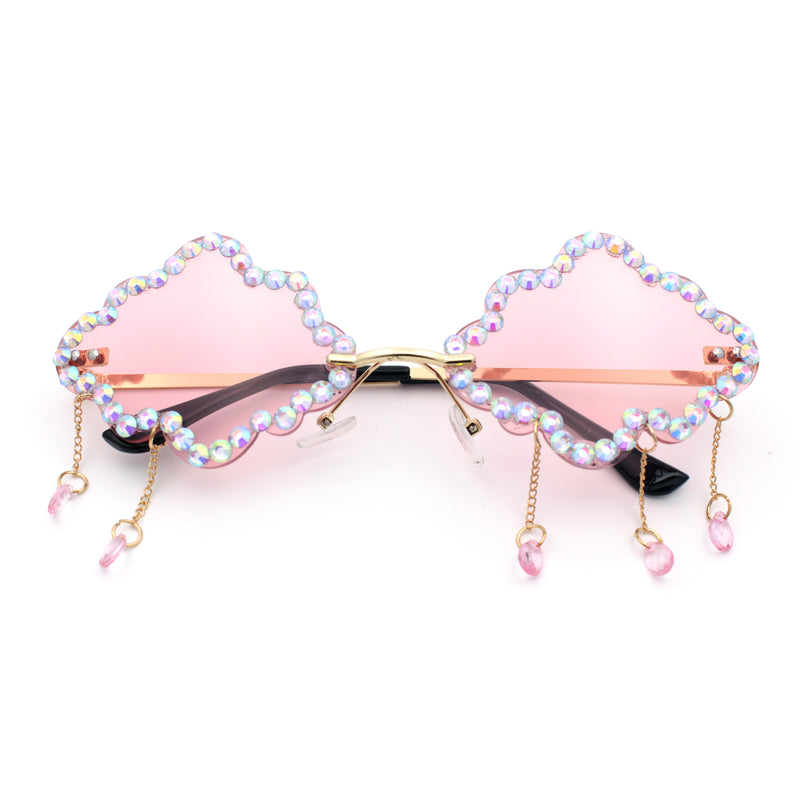 Womens Rimless Rhinestone Cloud Shape Raindrop Tassel Sunglasses