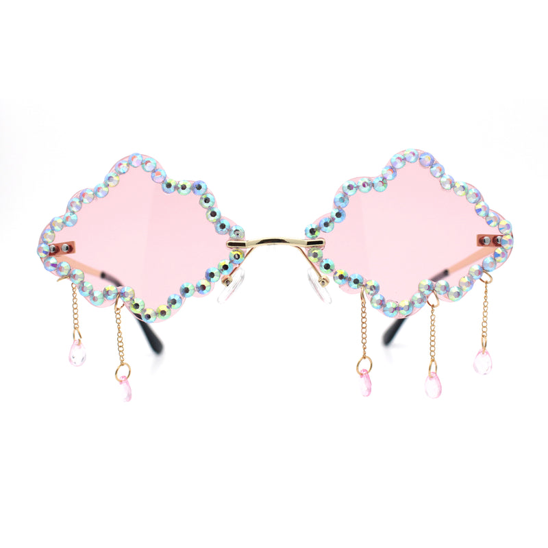 Womens Rimless Rhinestone Cloud Shape Raindrop Tassel Sunglasses