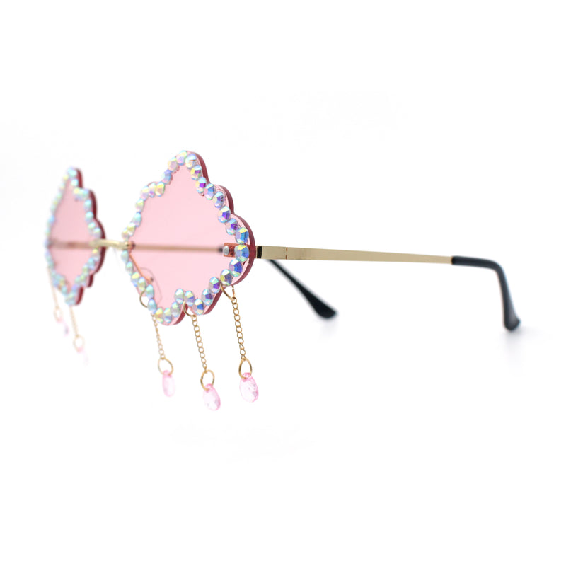 Womens Rimless Rhinestone Cloud Shape Raindrop Tassel Sunglasses