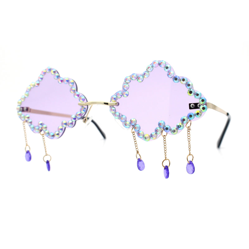 Womens Rimless Rhinestone Cloud Shape Raindrop Tassel Sunglasses