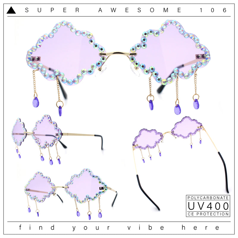 Womens Rimless Rhinestone Cloud Shape Raindrop Tassel Sunglasses