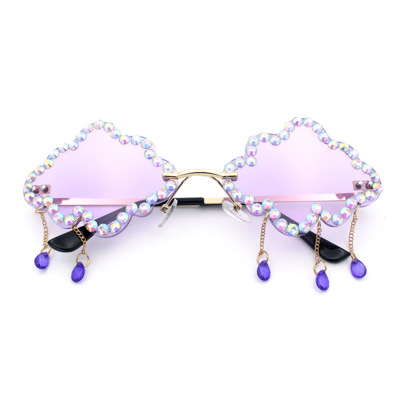 Womens Rimless Rhinestone Cloud Shape Raindrop Tassel Sunglasses