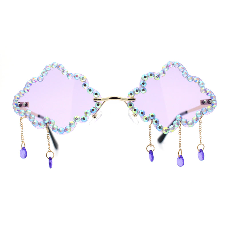 Womens Rimless Rhinestone Cloud Shape Raindrop Tassel Sunglasses