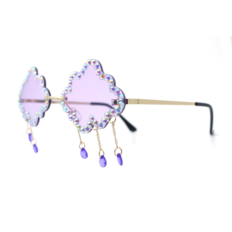 Womens Rimless Rhinestone Cloud Shape Raindrop Tassel Sunglasses