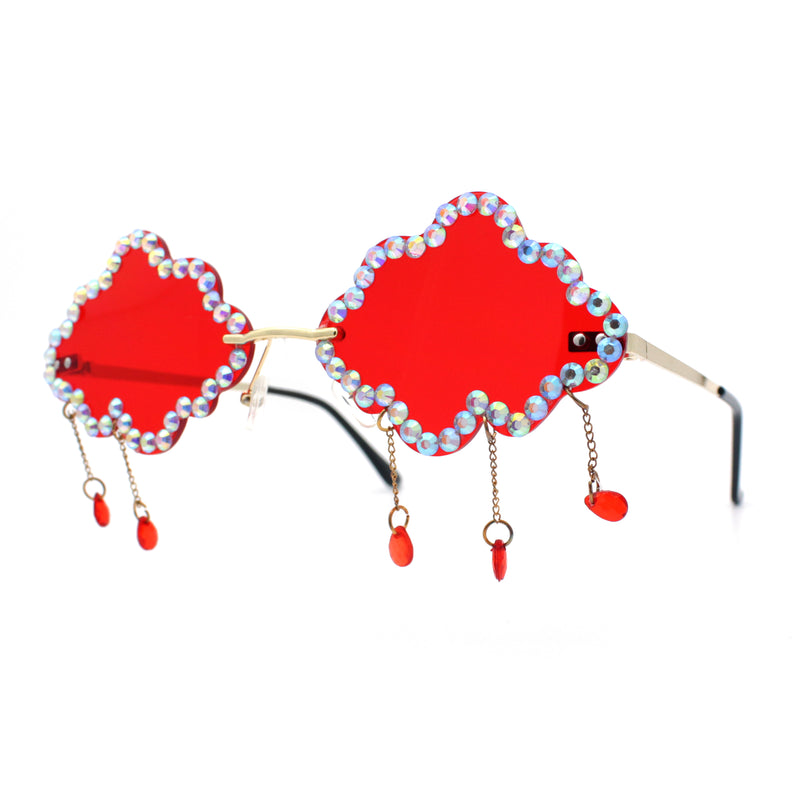 Womens Rimless Rhinestone Cloud Shape Raindrop Tassel Sunglasses