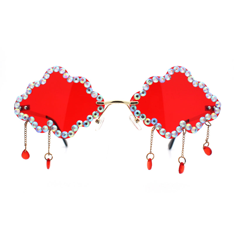 Womens Rimless Rhinestone Cloud Shape Raindrop Tassel Sunglasses
