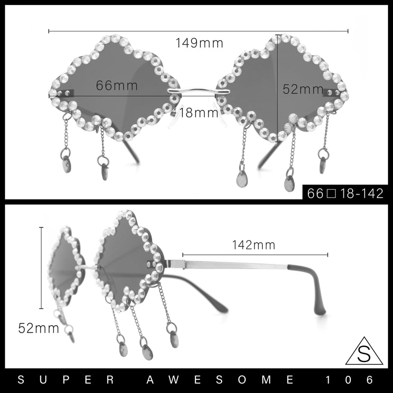 Womens Rimless Rhinestone Cloud Shape Raindrop Tassel Sunglasses