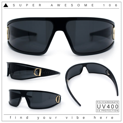 90s Classic Curved Wrap Lens Rectangle Plastic Luxury Fashion Sunglasses All Black