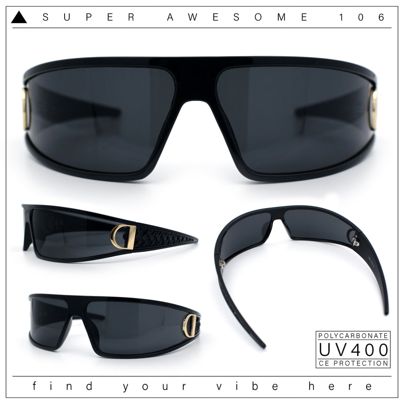 90s Classic Curved Wrap Lens Rectangle Plastic Luxury Fashion Sunglasses All Black