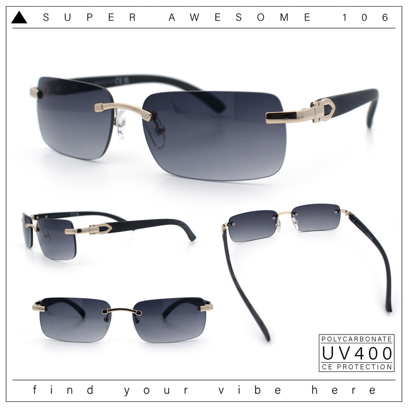Rimless Luxury Narrow Rectangle Woodbuff Arm Fashion Sunglasses