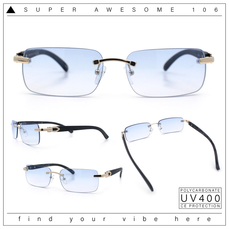 Rimless Luxury Narrow Rectangle Woodbuff Arm Fashion Sunglasses