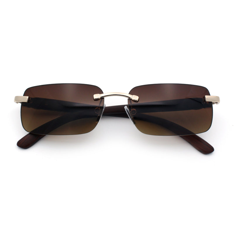 Rimless Luxury Narrow Rectangle Woodbuff Arm Fashion Sunglasses