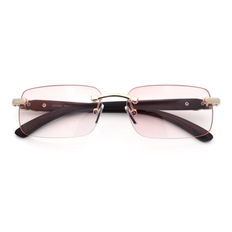 Rimless Luxury Narrow Rectangle Woodbuff Arm Fashion Sunglasses
