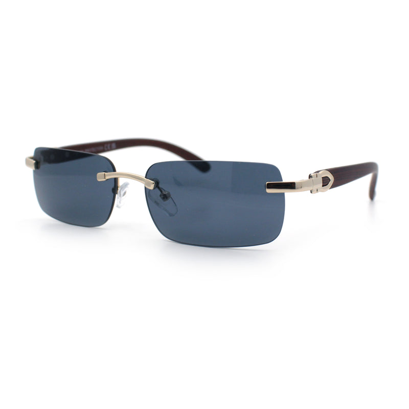 Rimless Luxury Narrow Rectangle Woodbuff Arm Fashion Sunglasses